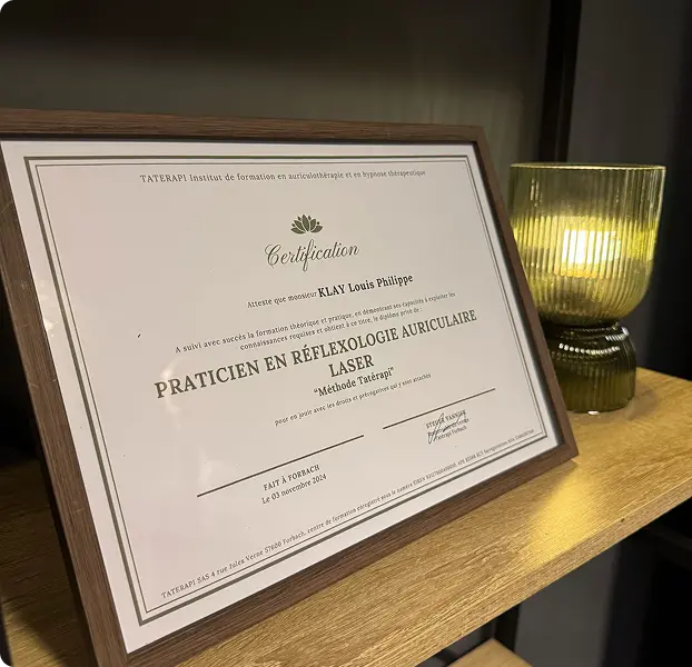 Certification en auriculothérapie laser de Philippe Klay, obtenue en 2024.