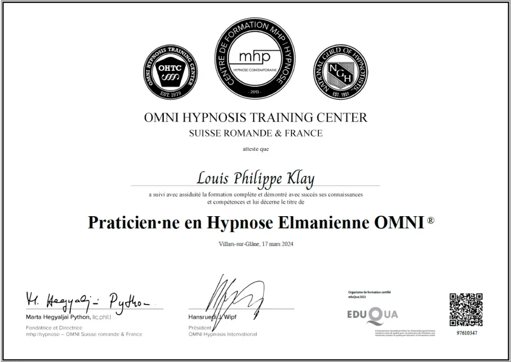 Attestation de formation de Philippe Klay en tant que Praticien en Hypnose Elmanienne OMNI